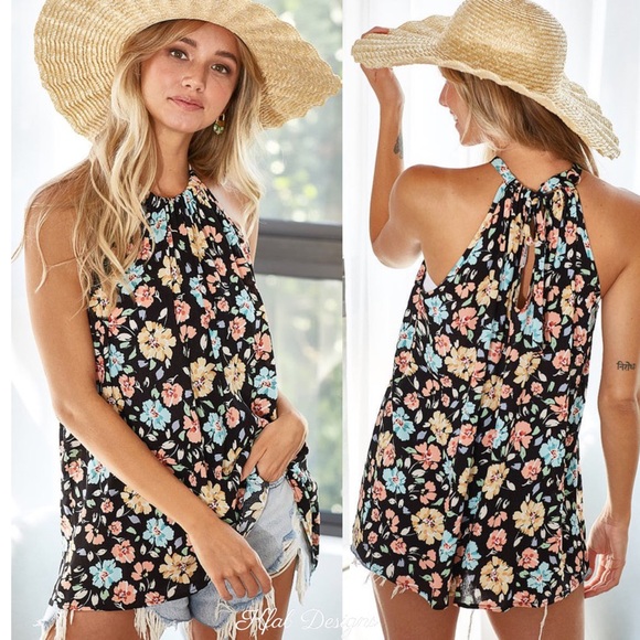 ❤️LAST ONE! Floral Print Black Woven Back Tie Halter Top! - Picture 3 of 11